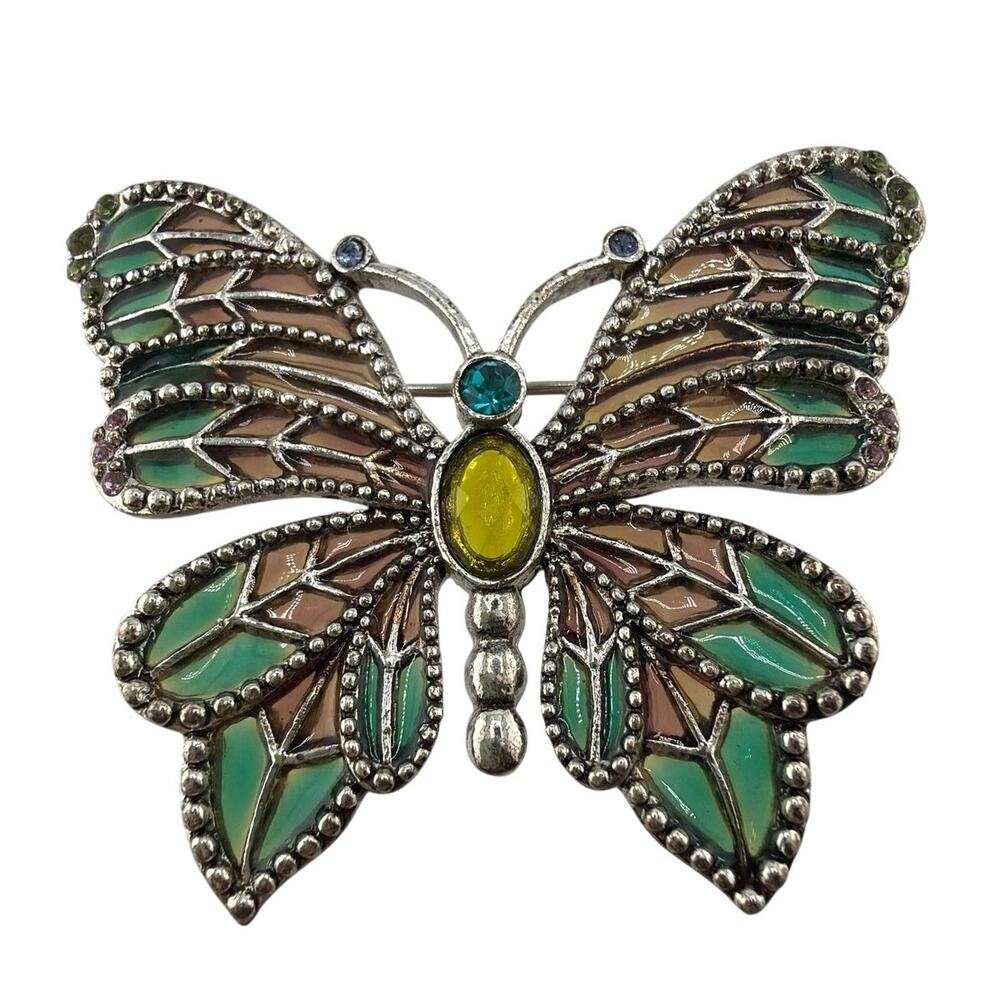 Vintage Silver Tone Plique A Jour Enamel Butterfly Brooch